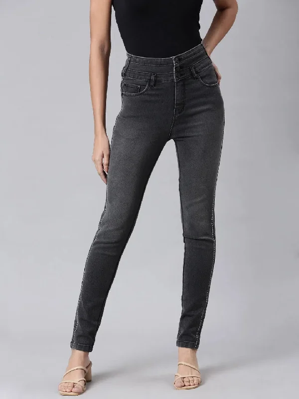 Women Grey Embellished Skinny Fit Denim Jeans-LT-023067-Grey Fashionable White Denim Jeans