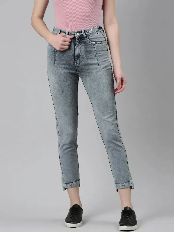Women Grey Solid Slim Fit Denim Jeans-GZ-5526-Grey Chic Cropped Jeans