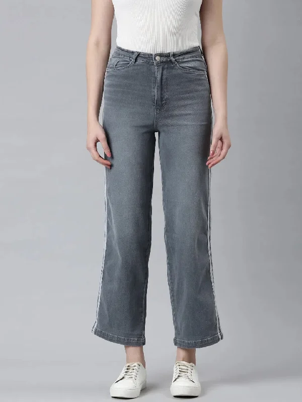 Women Grey Solid Wide Leg Denim Jeans-IM-10478A-Grey Stylish Cargo Style Jeans