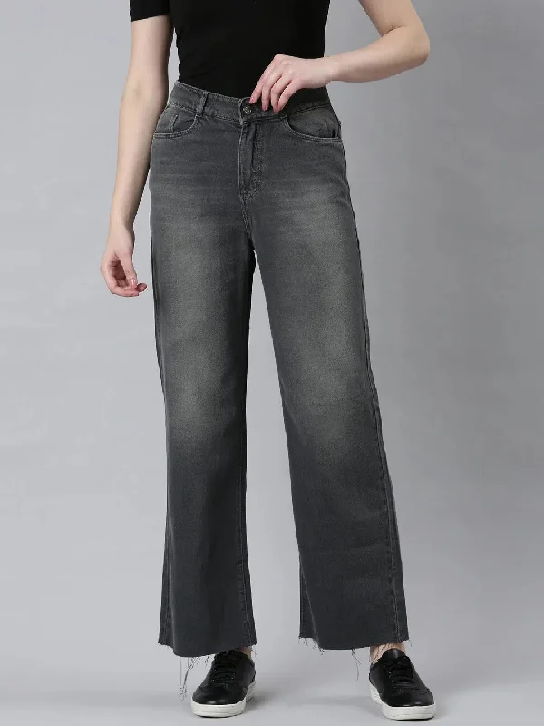 Women Grey Solid Wide Leg Denim Jeans-IM-10490-Grey Chic Rolled Cuff Denim Jeans