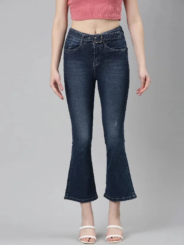 Women Navy Blue Solid Bootcut Denim Jeans-IM-0020-Navyblue Comfortable Drawstring Waist Jeans