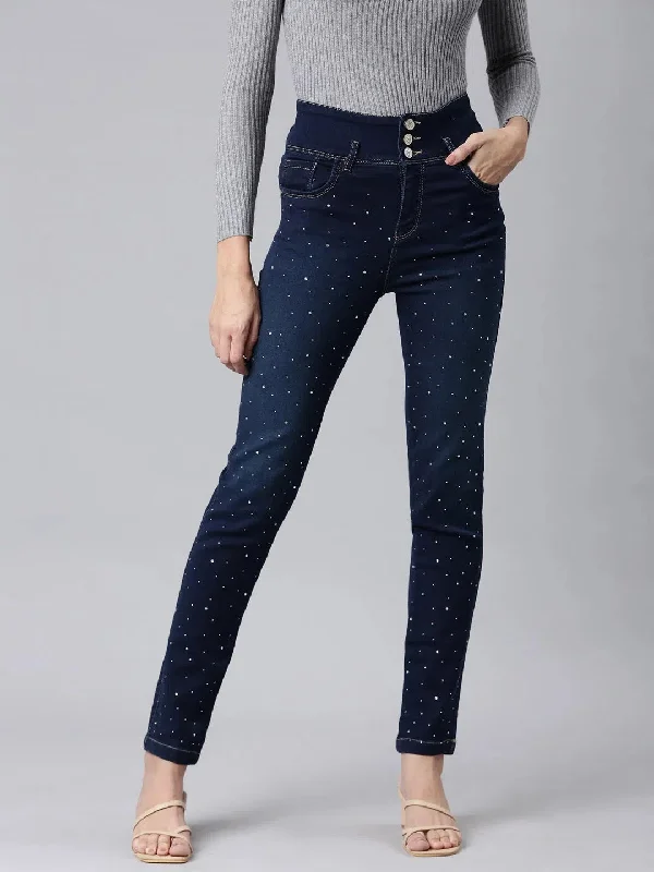 Women Navy Blue Solid Skinny Fit Denim Jeans-LT-205584-Navyblue Stylish High-Waisted Denim