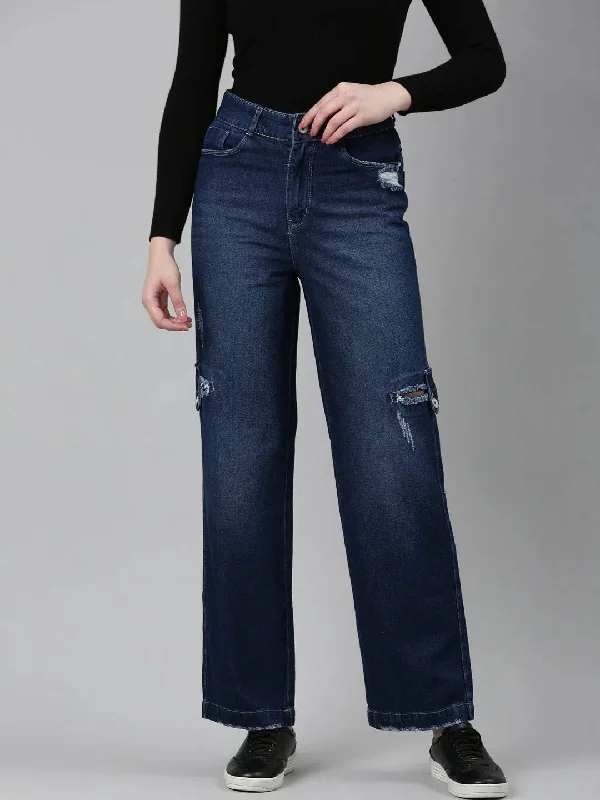 Women Navy Blue Solid Straight Fit Denim Jeans-IM-10329-Navyblue Comfortable Distressed Straight-Leg Jeans