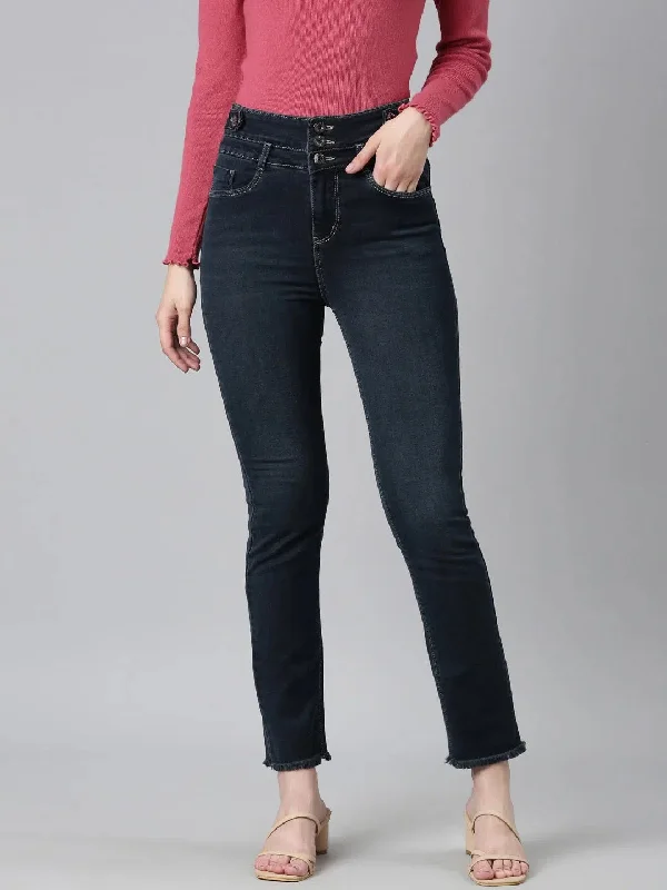 Women Navy Blue Solid Straight Fit Denim Jeans-IM-10467-Navyblue Comfortable Flare Leg Jeans