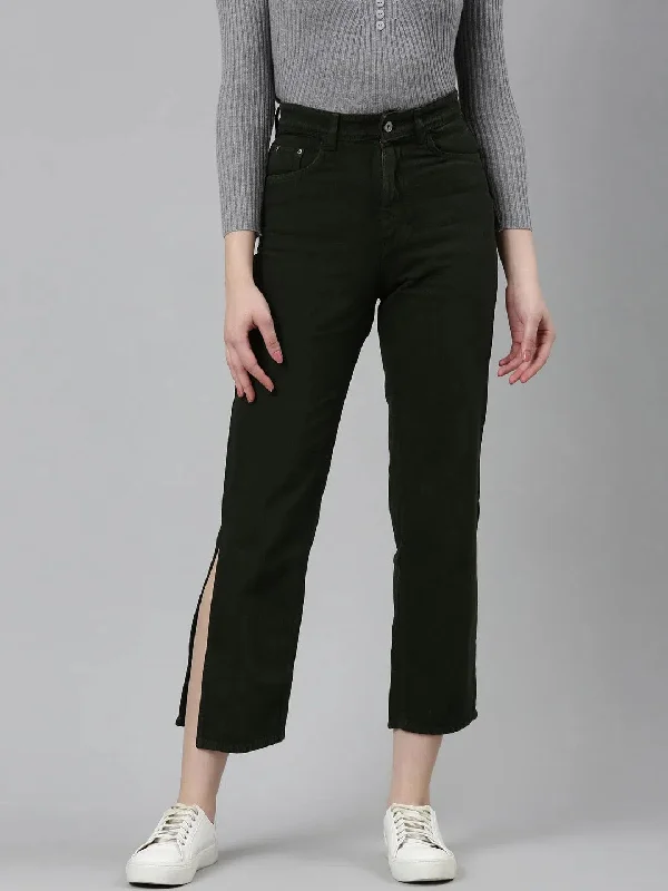 Women Olive Solid Regular Fit Denim Jeans-GZ-5594-1-Olive Casual High-Waisted Bootcut Jeans