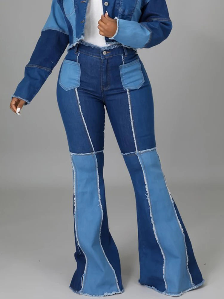Women Plus Size Splice Jeans Flare Pant High Waist Patchwork Y2K Streetwear Stylish High-Waist Skinny Denim