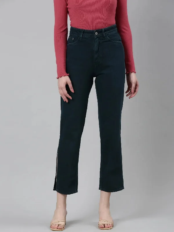 Women Teal Solid Straight Fit Denim Jeans-GZ-5594-Teal Casual Wide-Legged Denim Jeans