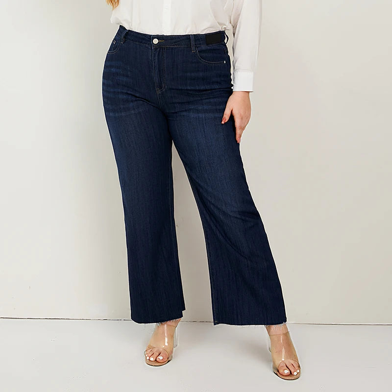 Women Wide Leg Jeans Plus Size Loose Denim Jeans for Summer 175 Elegant Dark-Wash Bootcut Jeans