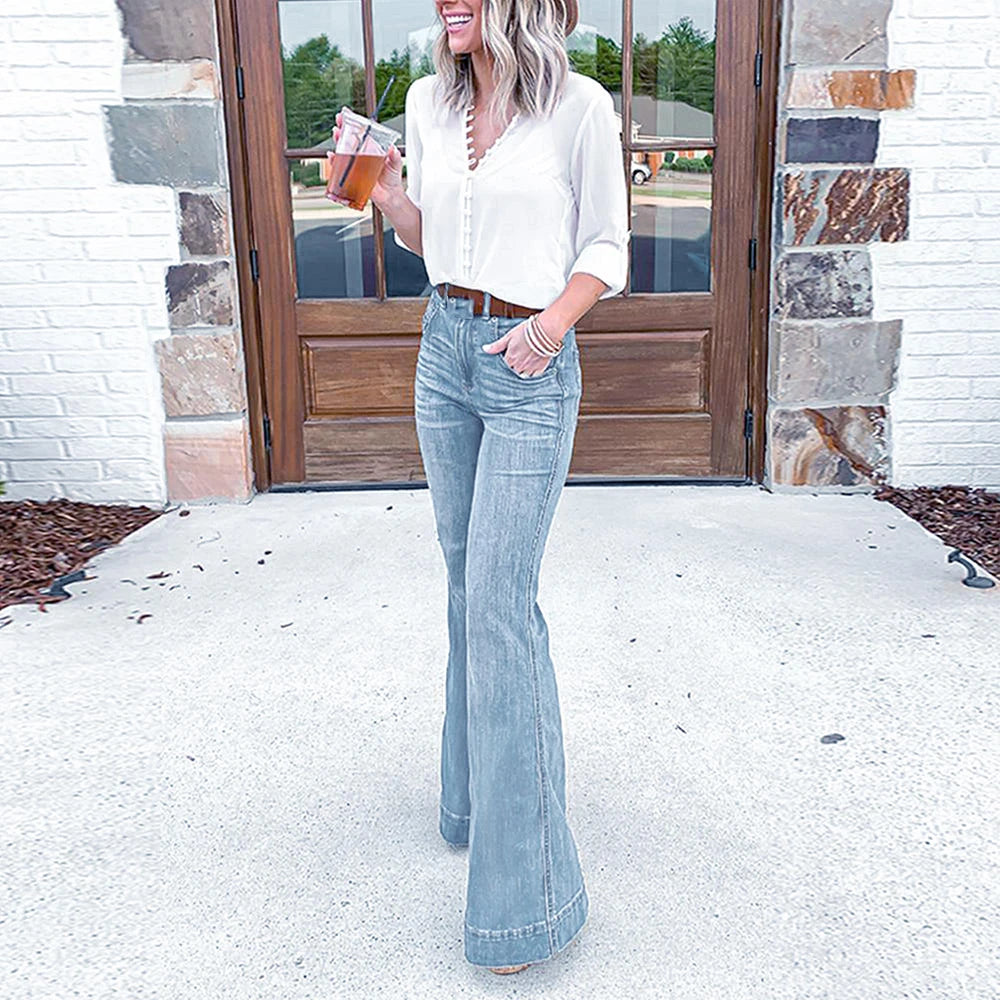 Women's Casual High Waist Jeans Wide Leg Denim Pant Flared Bell Bottom Trousers Ladies Fashionable Vintage Wash Jeans