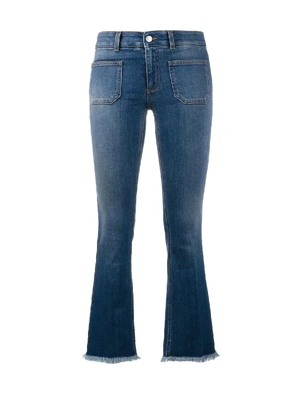Women's Kick Flare Frayed Pocket Jean In Dark Blue Trendy Flared Leg Jeans