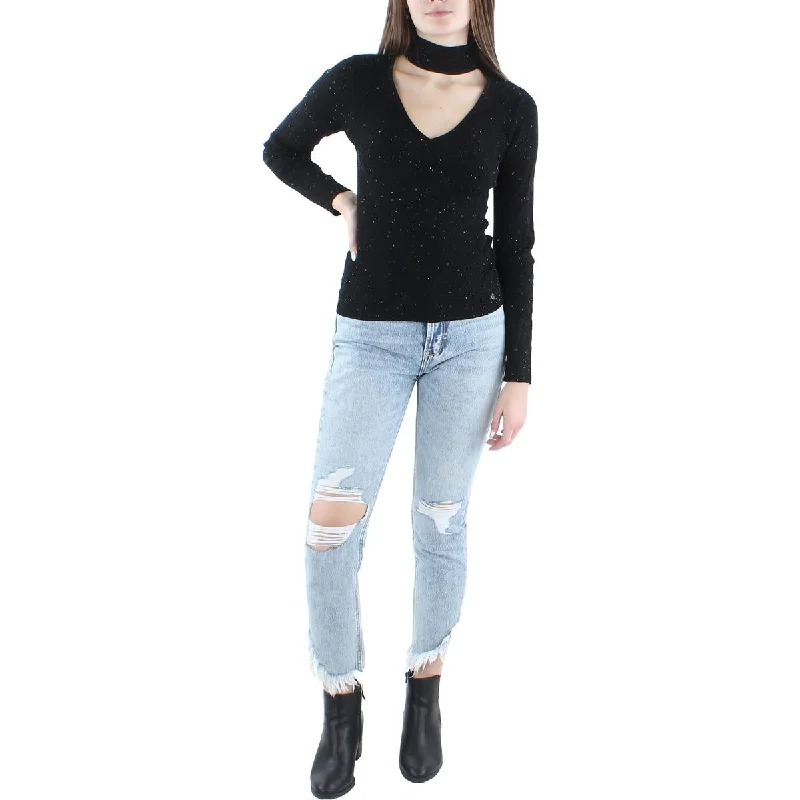 Womens Sequined Cut Out Pullover Sweater Striped Floral Plaid