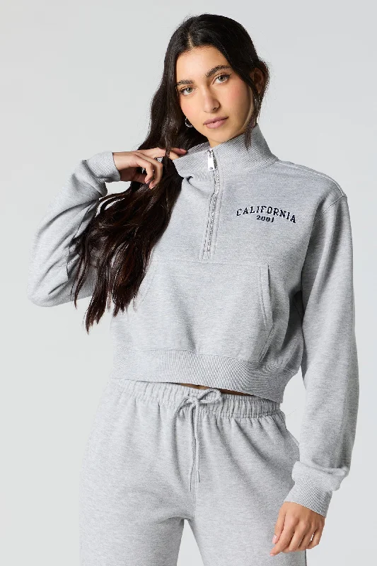 Embroidered Half Zip Fleece Sweatshirt Hoodie with Hem Applique Textured Unique