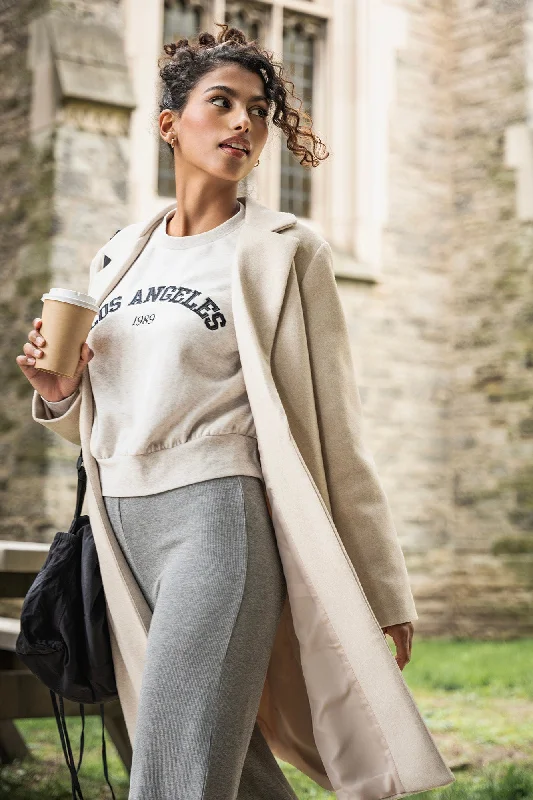 Los Angeles Embroidered Cropped Fleece Sweatshirt Hoodie with Tied Waist Feminine Flattering