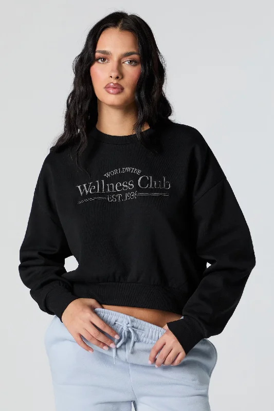 Wellness Club Embroidered Cropped Fleece Sweatshirt Hoodie with Half-Zip Sporty Casual Wellness Club Embroidered Cropped Fleece Sweatshirt Hoodie with Half-Zip Sporty Casual