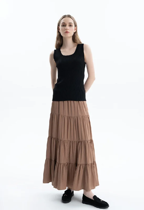 Smocked Waist Tiered Solid Skirt ribbed skirt waist