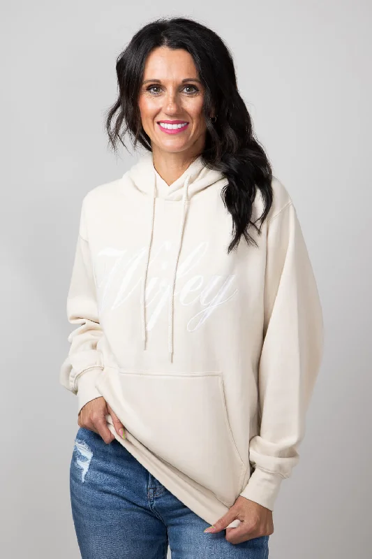 1897 Active Wifey Embroidered Hoodie for Women in Cream | JT122-CREAM Hoodie with Emblem Brand Identity 1897 Active Wifey Embroidered Hoodie for Women in Cream | JT122-CREAM Hoodie with Emblem Brand Identity