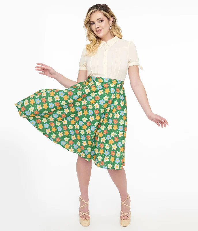 1950s Green Retro Floral Cotton Swing Skirt low waist skirt