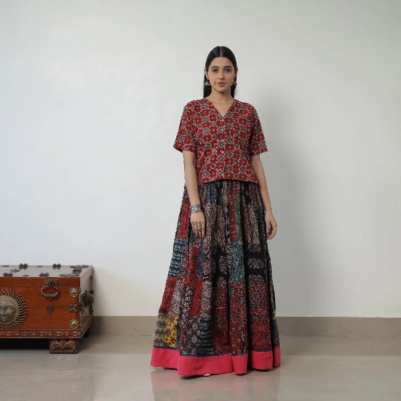 Multicolor - 24 Kali Patchwork Block Printed Cotton Ajrakh Skirt 48 high waist skirt