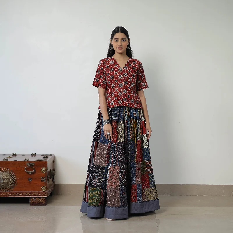 Multicolor - 24 Kali Patchwork Block Printed Cotton Ajrakh Skirt 49 casual skirt length