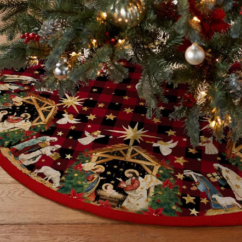 48 Inch Jesus Nativity Holy Night Christmas Tree Skirt Collar - Red Buffalo Plaid tulle skirt dreamy