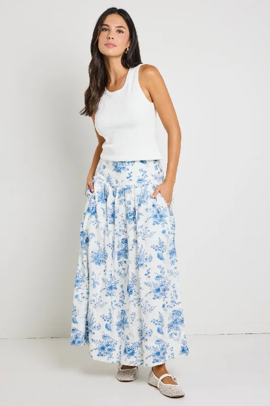 Affinity Porcelain Print Shirred Back Tiered Maxi Skirt linen skirt breathable