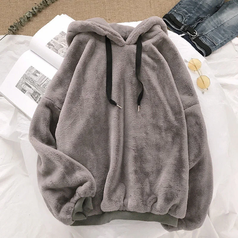 Autumn Winter Coats Soild Sweet Hooded Women Harajuku Loose Casual Warm Hoodies Ladies Fleece Flannel Pullover Female Sweatshirt Cotton Hoodie Fleece Lining Warmth