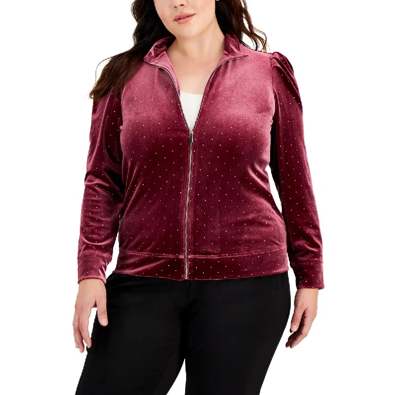 Plus Womens Velour Embellished Sweatshirt Hoodie Jacket Zipper Layering