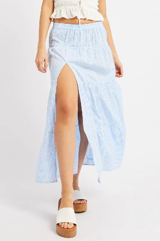 Blue Check Tiered Maxi Slit Skirt tiered skirt playful