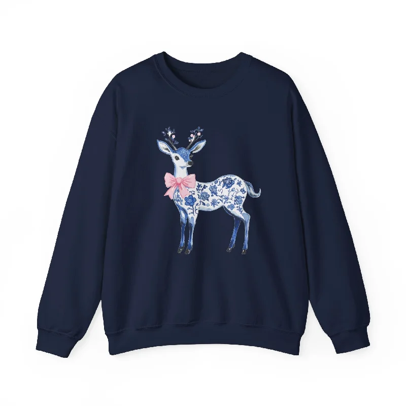 Blue Pink Reindeer Coquette Sweatshirt Hoodie with Hem Lace Feminine Delicate