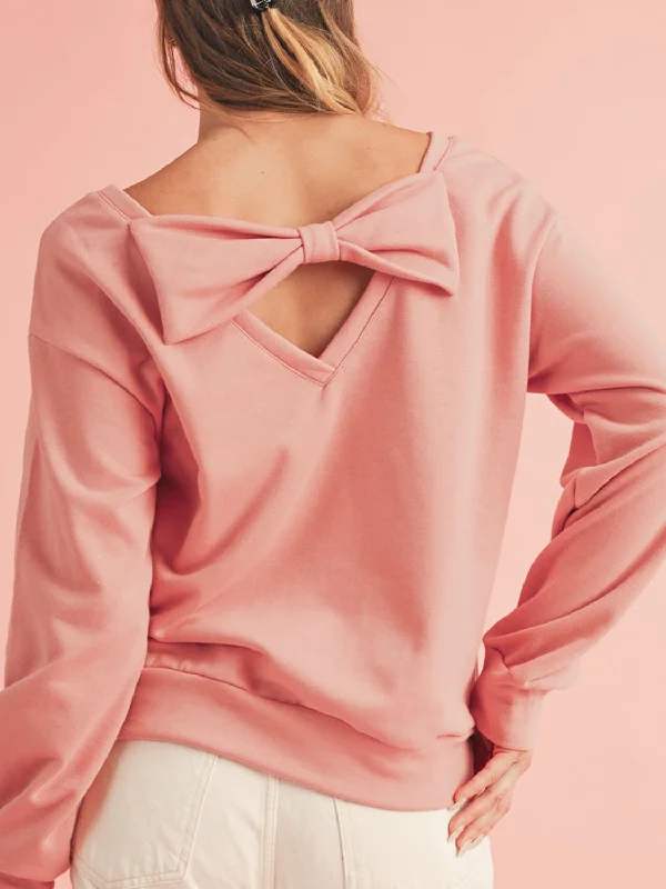 Bow Cutout Round Neck Long Sleeve Sweatshirt Hoodie with Hood Adjustable Protection
