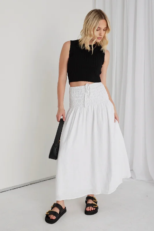 Byron White Linen Shirred Waist Maxi Skirt button skirt front