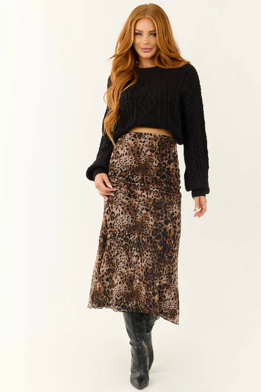 Camel and Black Leopard Print Midi Skirt velvet skirt rich