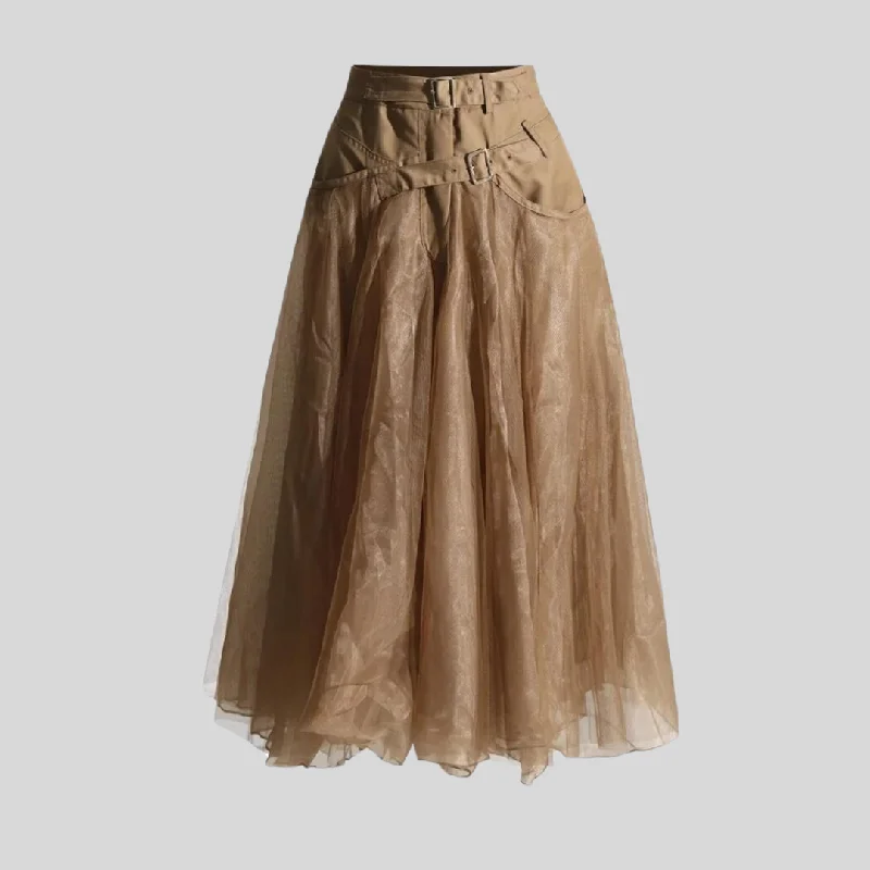 Caramel Chic Tulle Skirt with Buckle Lace Up chiffon skirt airy