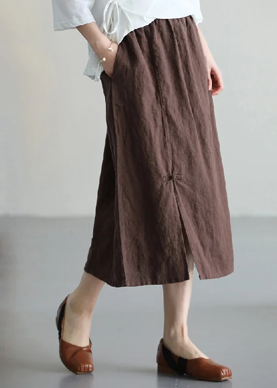 Casual Versatile Coffee Chinese Button Linen Skirt Summer button skirt front