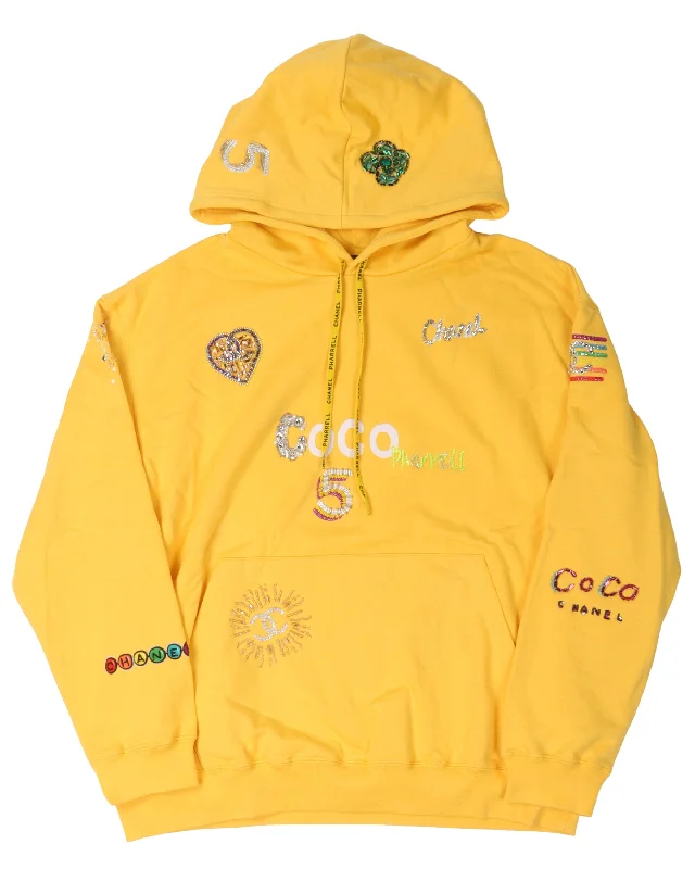 Pharell Embroidered Logo Hoodie Hoodie with Button Placket Classic Preppy