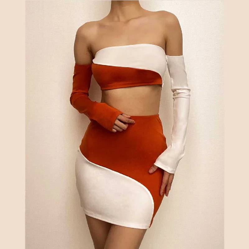 Contrast patchwork off shoulder long sleeve backless mini skirt set button skirt front