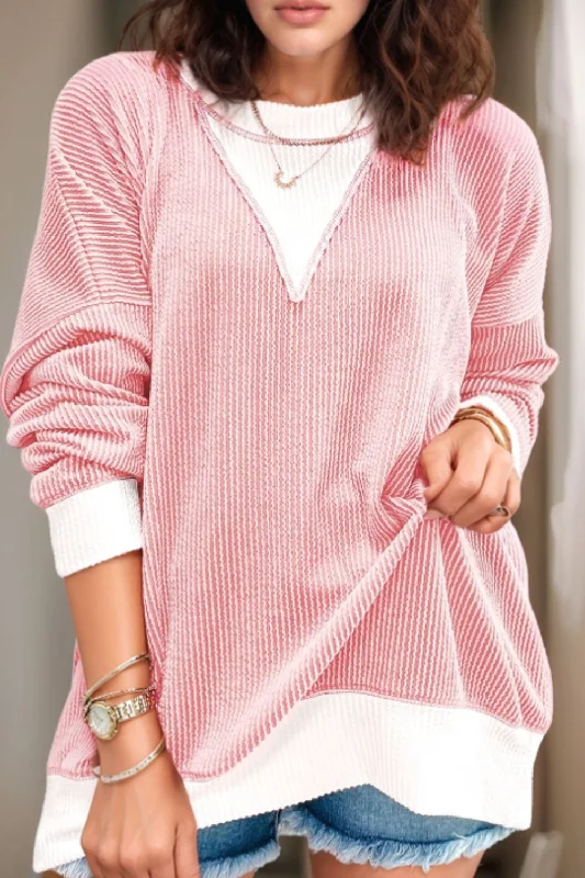 Contrast Round Neck Long Sleeve Sweatshirt Hoodie with Monochrome Minimalist Simple