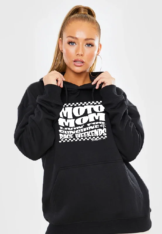 MOTO MOM Race Hoodie - Black Fan apparel Hoodie with Cuffed Sleeves Snug Secure