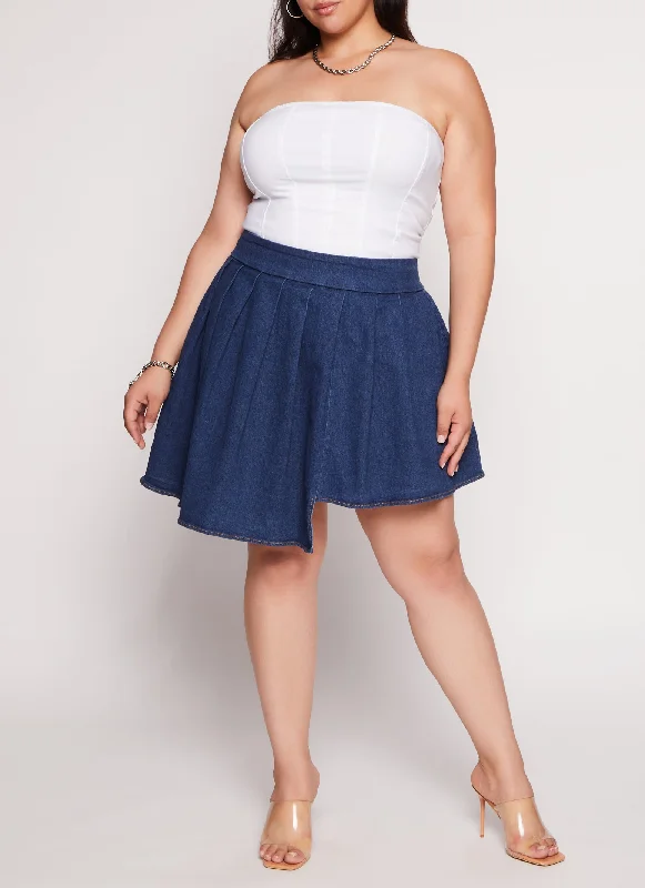 Plus Size Daisy Asymmetrical Pleated Denim Skort leather skirt sleek