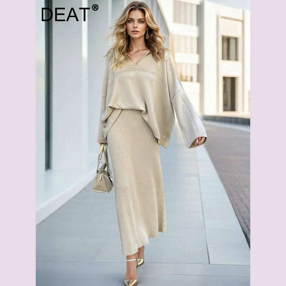 DEAT Fashion Women's 2 Pcs Set V-neck Loose Fit Long Sleeves Sweater High Waist Ankle-length Skirt Suit Autumn 2024 New 7AB4889 wool skirt thick