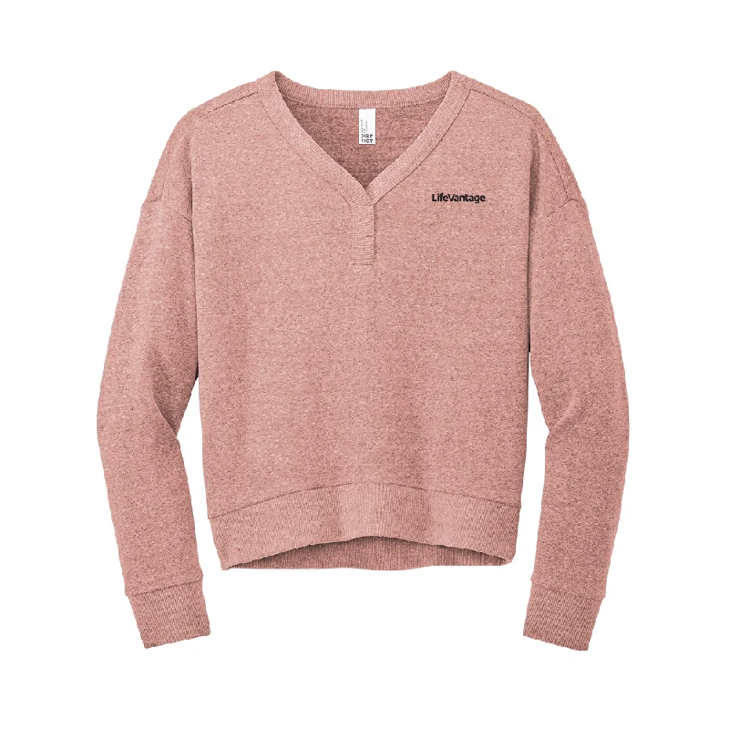 District® Women’s Perfect Tri® Fleece V-Neck Sweatshirt Hoodie with Rolled Sleeves Casual Relaxed District® Women’s Perfect Tri® Fleece V-Neck Sweatshirt Hoodie with Rolled Sleeves Casual Relaxed