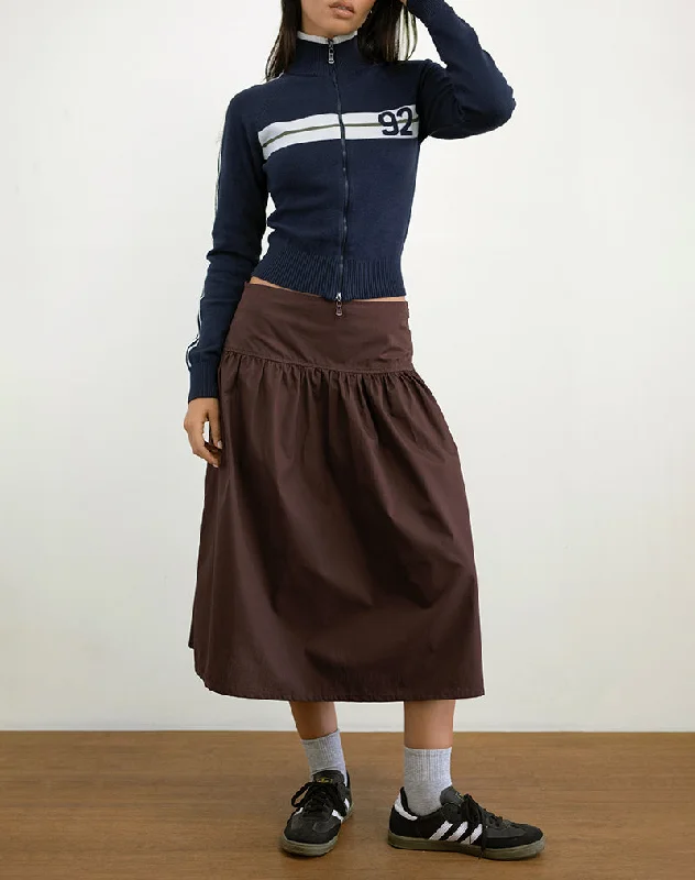 Ditara Midi Skirt in Chocolate Brown ruffled skirt detail