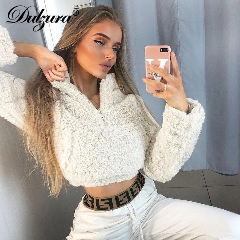 Dulzura 2019 autumn winter women sweatshirt coat pullover lambswool teddy crop top streetwear casual Korean clothes high neck Hoodie with Illustration Artistic Creative