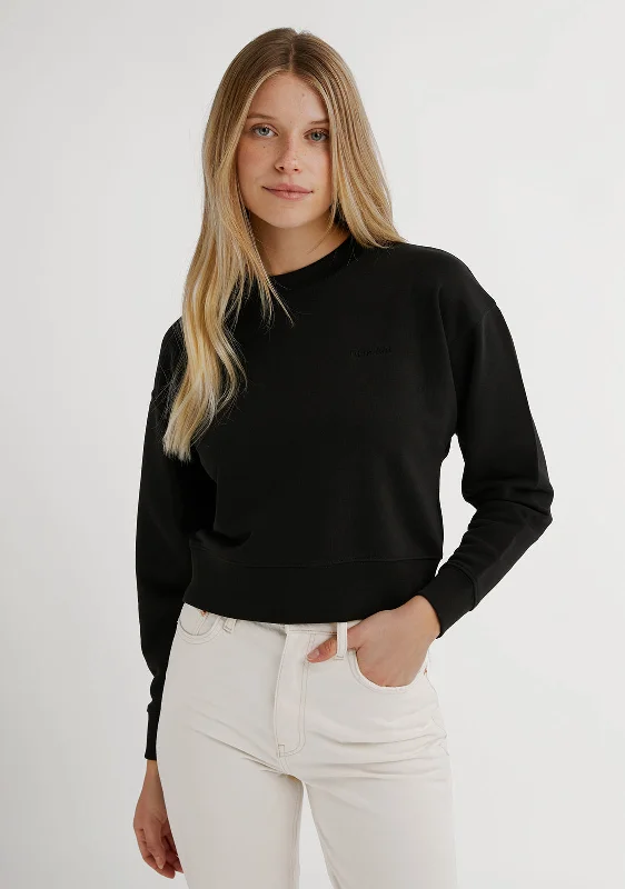 Embroidery Logo Cropped Crew Neck Sweatshirt / Black Hoodie with Patch Decorative Personalized