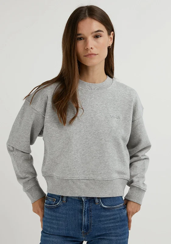 Embroidery Logo Cropped Crew Neck Sweatshirt / Grey Hoodie with Hem Raw Edge Edgy Unfinished