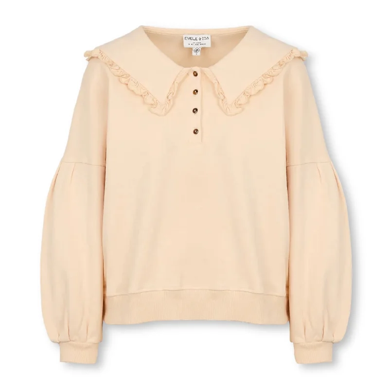 Emile & Ida Amelie Ruffled Collar Sweatshirt White Hoodie with Hem Applique Textured Unique Emile & Ida Amelie Ruffled Collar Sweatshirt White Hoodie with Hem Applique Textured Unique