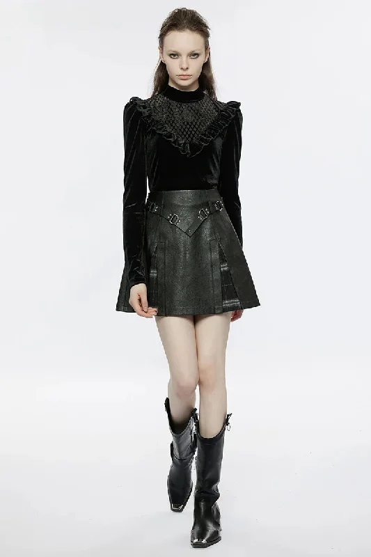 Women's Plaid Splicing Rivet Metal Buckle Belt Daily A-Line Personality Faux Leather Mini Skirt wool skirt breathable