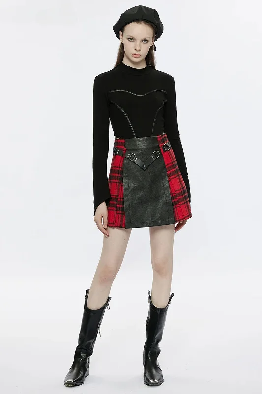 Women's Black+Red Plaid Splicing Rivet Metal Buckle Belt Daily A-Line Personality Mini Skirt chiffon skirt flowing