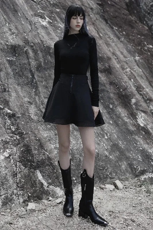Women's Large-hole Mesh Stitching Sun-hem Twill Chiffon Gothic Daily Black Women Mini Skirt a-line skirt cut