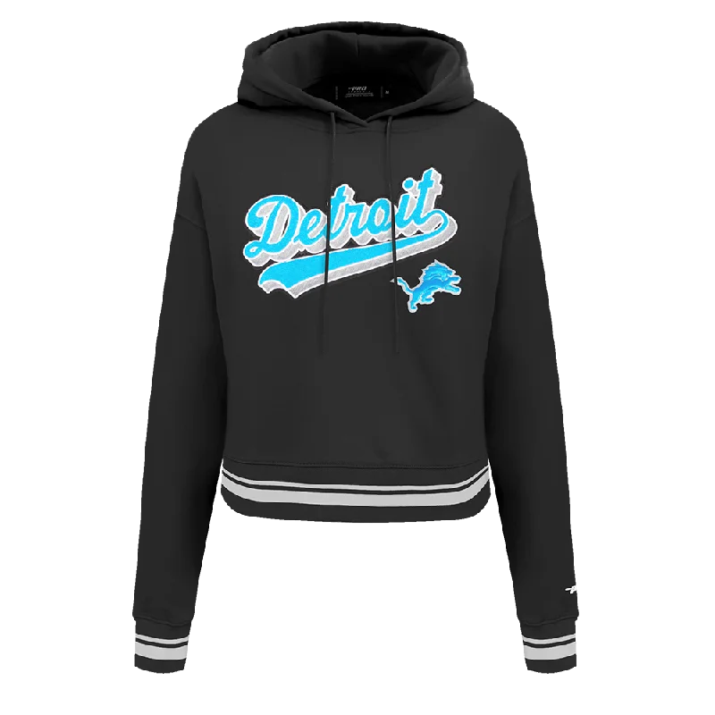 NFL DETROIT LIONS SCRIPT TAIL WOMEN'S RIB FLC CROPPED PO HOODIE (BLACK) Hoodie with Embroidery Detailed Premium NFL DETROIT LIONS SCRIPT TAIL WOMEN'S RIB FLC CROPPED PO HOODIE (BLACK) Hoodie with Embroidery Detailed Premium